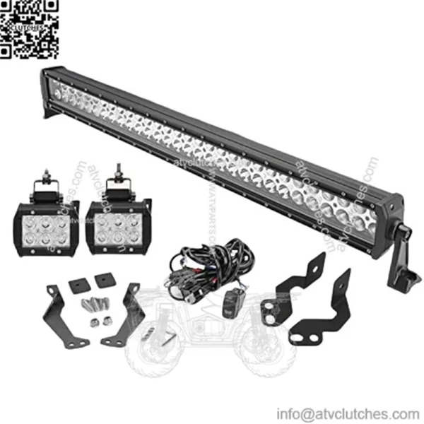 32In 180W LED Front Windshield Straight Light Bar Mount Bracket Kit and 3In 18W Side Pillar Roll Cage LED Light Pods Mount Bracket w/Rocker Switch Wire Kit Fit Compatible with Polaris RZR XP 1000 900