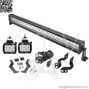 32In 180W LED Front Windshield Straight Light Bar Mount Bracket Kit and 3In 18W Side Pillar Roll Cage LED Light Pods Mount Bracket w/Rocker Switch Wire Kit Fit Compatible with Polaris RZR XP 1000 900