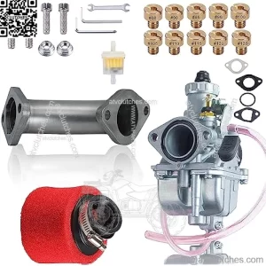 VM22 Carburator w/Curved Manifold Racing Performance Slide intake pipe Carb Kit For Predator 212cc GX200 Coleman Baja CT200U BT200X Mini bike 196 Clones Engine, KT196 Go kart (Rage Red)