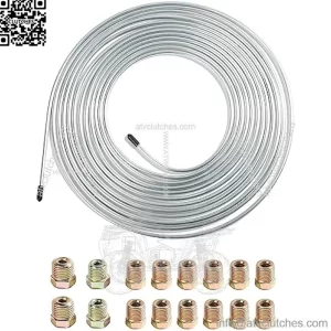 25 Ft Flexible Tube Line Roll,1/4" Brake Line Tubing Kit,Copper Coated Alloy Brake Line Tubing Coil with 16 Inverted Flare Fittings,Fuel Line Coil(Silver)